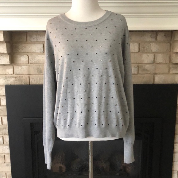 DKNY Gray Crewneck Rhinestone Embellished Dolman Sweater size Small - Picture 1 of 11